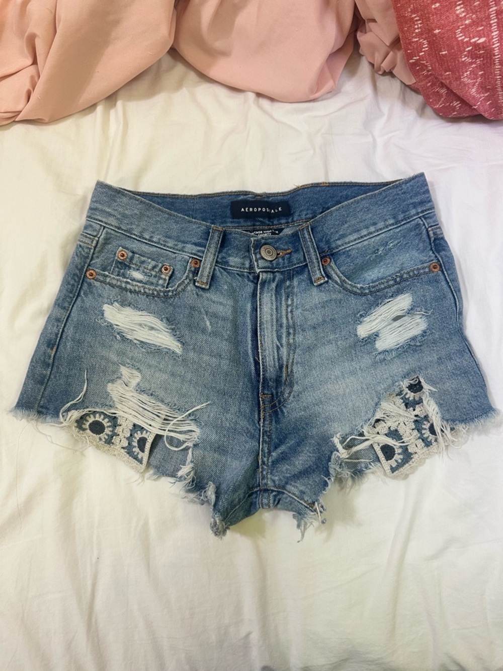 Aeropostale Light Blue Distressed Lace-Back Denim Shorts
